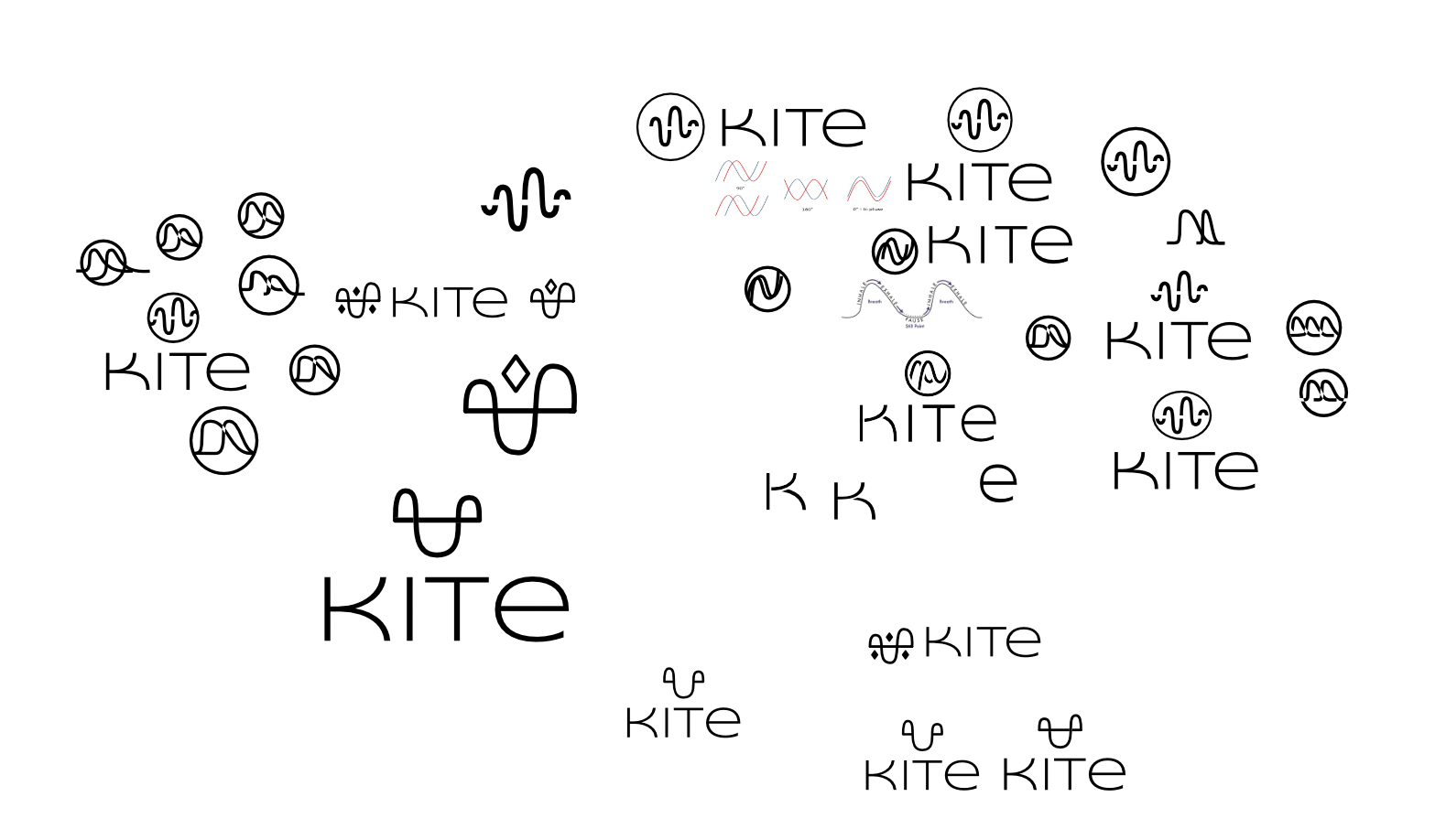 A graphic design featuring the word 'KITE' repeatedly written in various fonts and sizes, surrounded by stylized kite illustrations and decorative symbols.