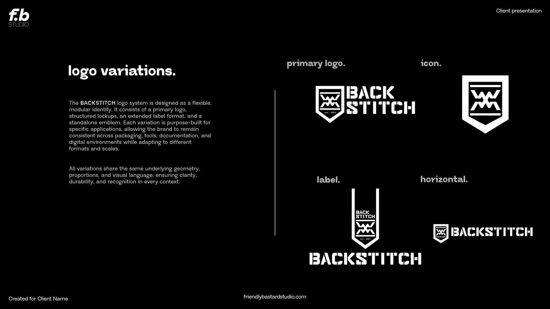A presentation slide explaining logo variations for the BACKSTITCH logo system, including primary, icon, label, and horizontal versions, with descriptions and visual examples on a black background.