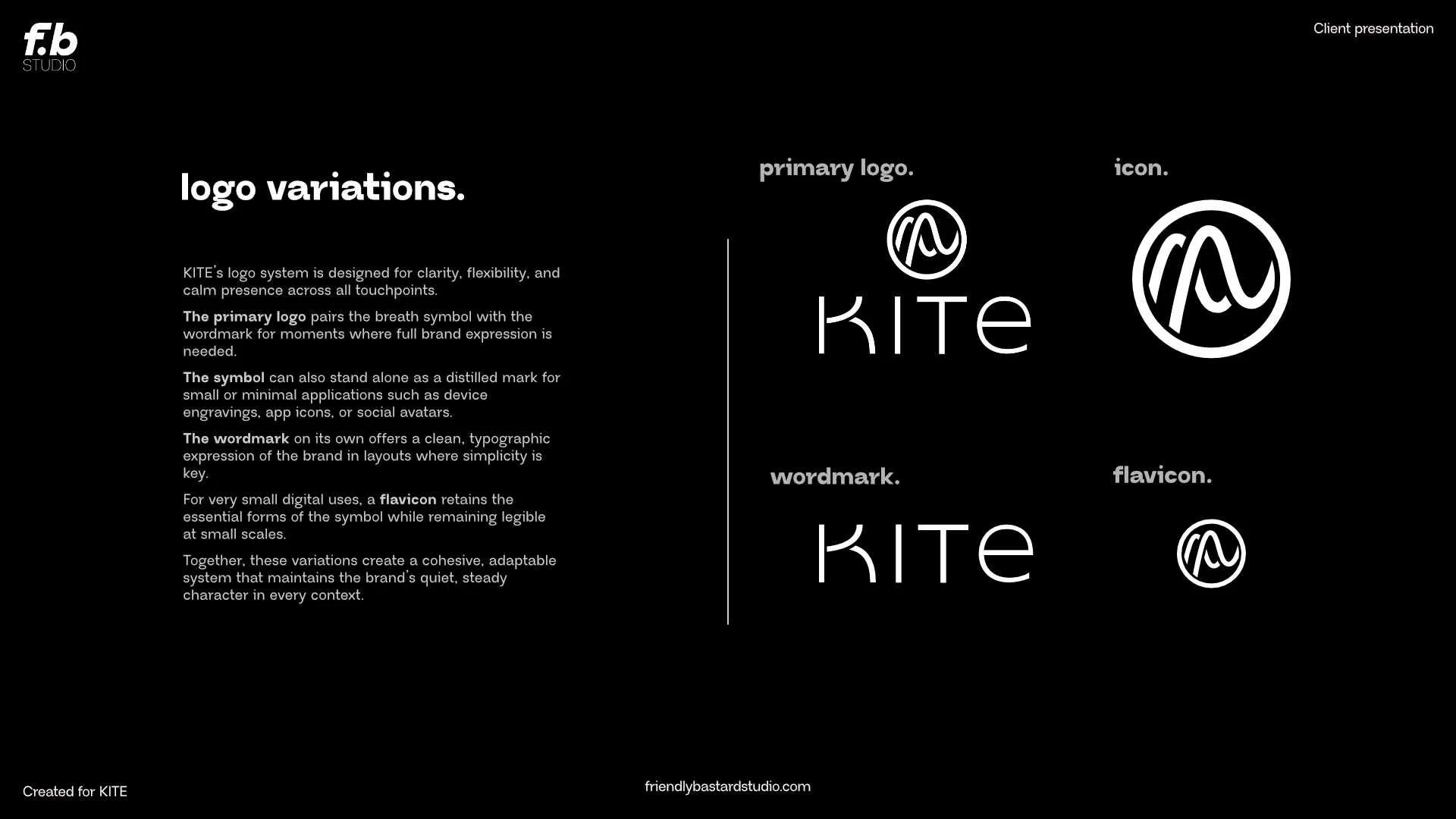 A presentation slide with a black background. On the left, text describes the logo system variations for KITE, including primary logo, icon, wordmark, and flavicon. On the right, visual examples of each logo variation are displayed in white outlines: