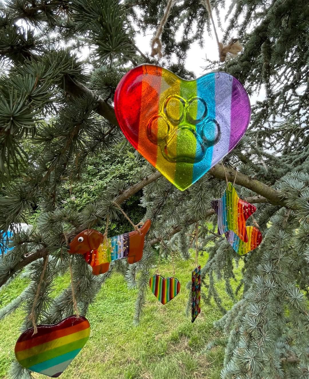 Brightly colored decorations hanging from a pine tree, including a large rainbow-colored heart, smaller rainbow and heart-shaped ornaments, and a rainbow-colored dog figure, with a green grassy background.