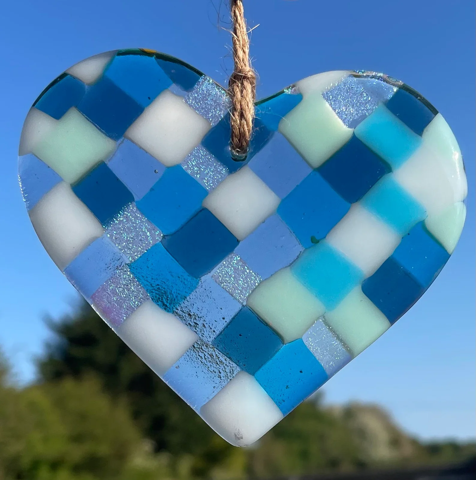 Heart shaped fused glass blue hanging ornament christmas or any time