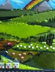 Colorful animated countryside with rolling green hills, small houses, and farm animals.