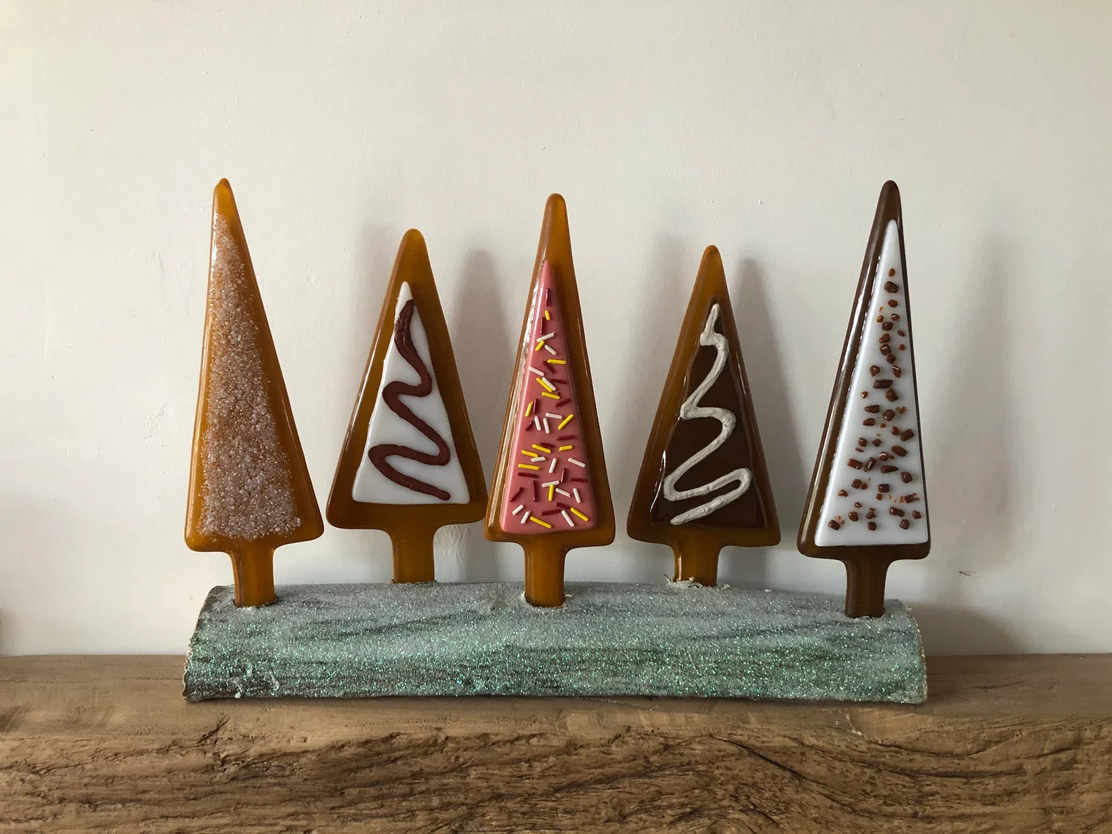 Doughnut Enchanted Forest fused glass Christmas trees set into glittery log. Who said Christmas was only about gingerbread?