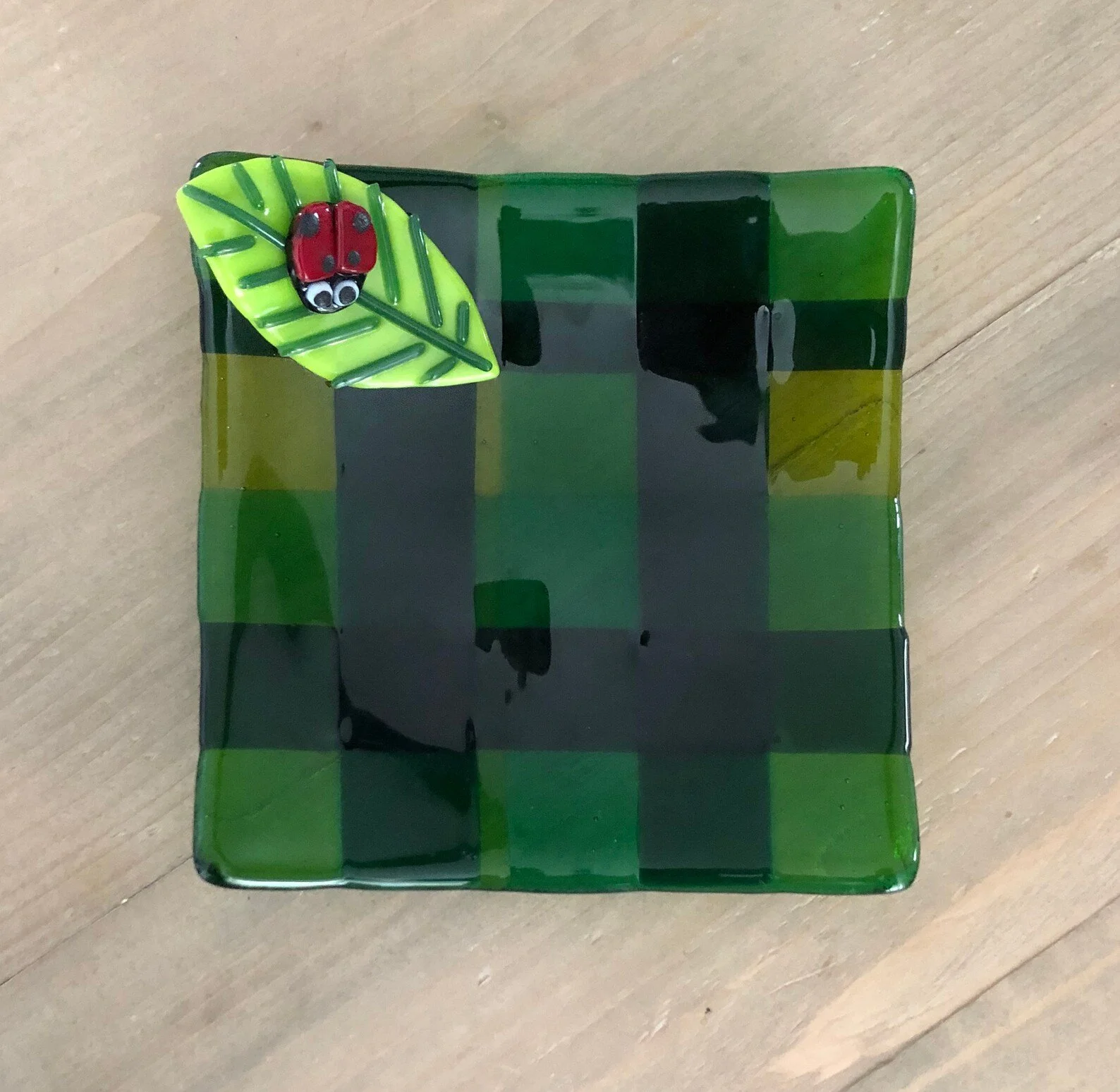 Fused glass ladybird/ ladybug transparent green, leaf tea light holder