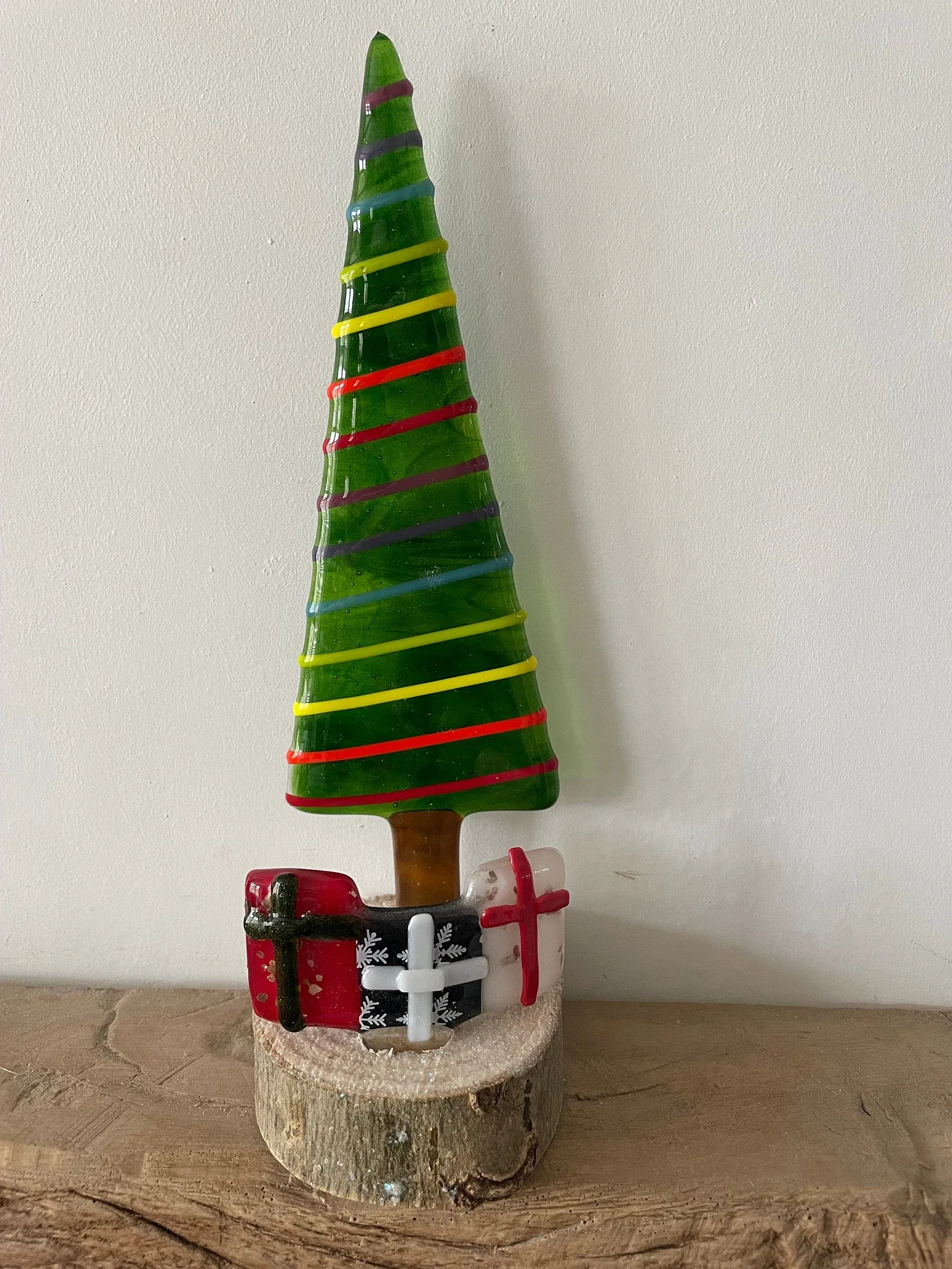 Santa's been! Christmas tree and presents decoration fused glass mounted on log slice
