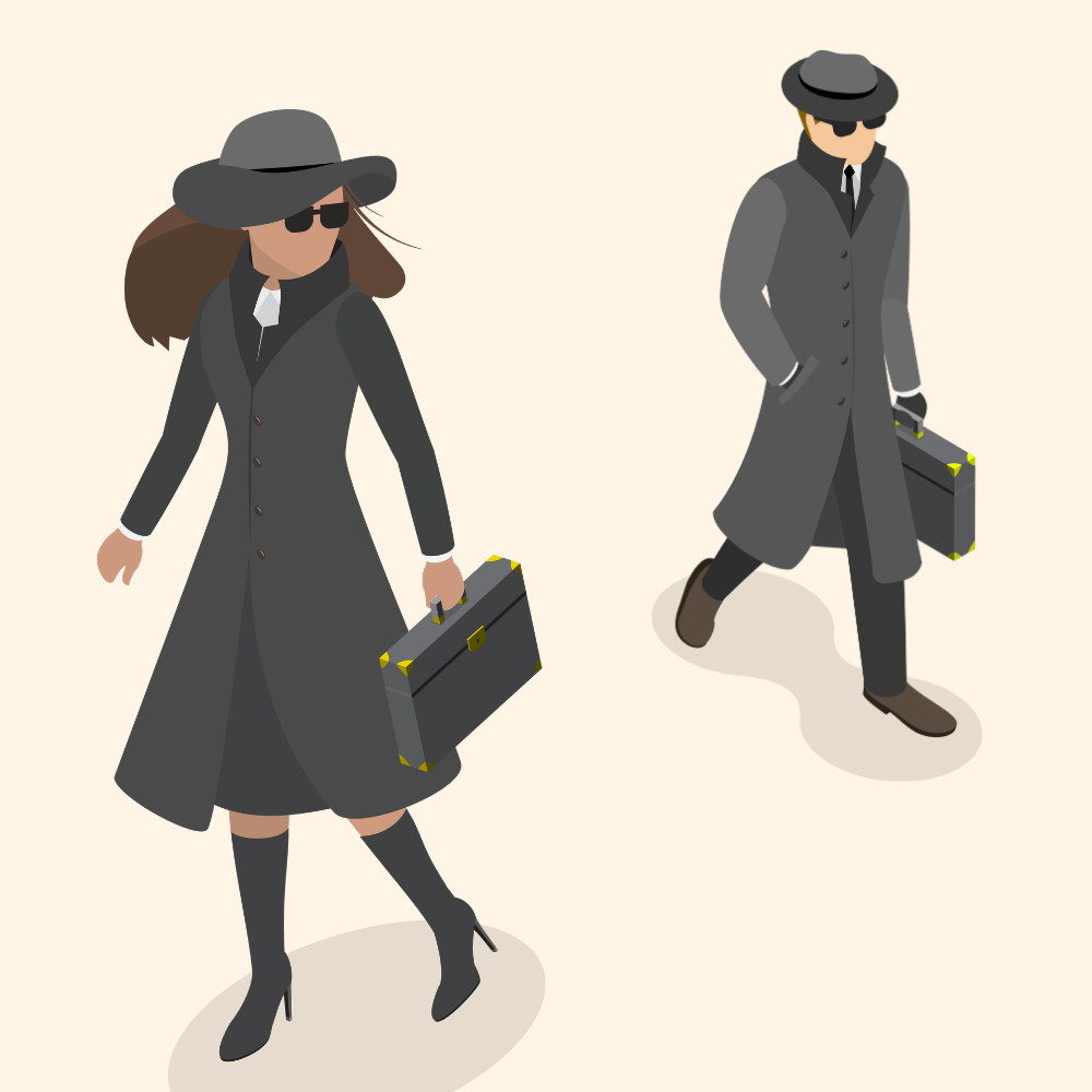Two very cool cartoon spies walk past each other. They are a man and woman, both in trench coats, hats, briefcases, and sunglasses.