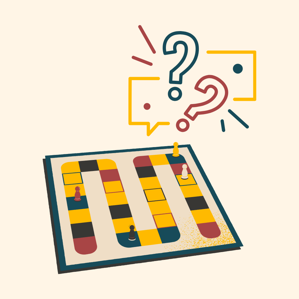 A board game in bold yellow, red, teal, and brown. Above it is a graphic of speech bubbles and question marks.