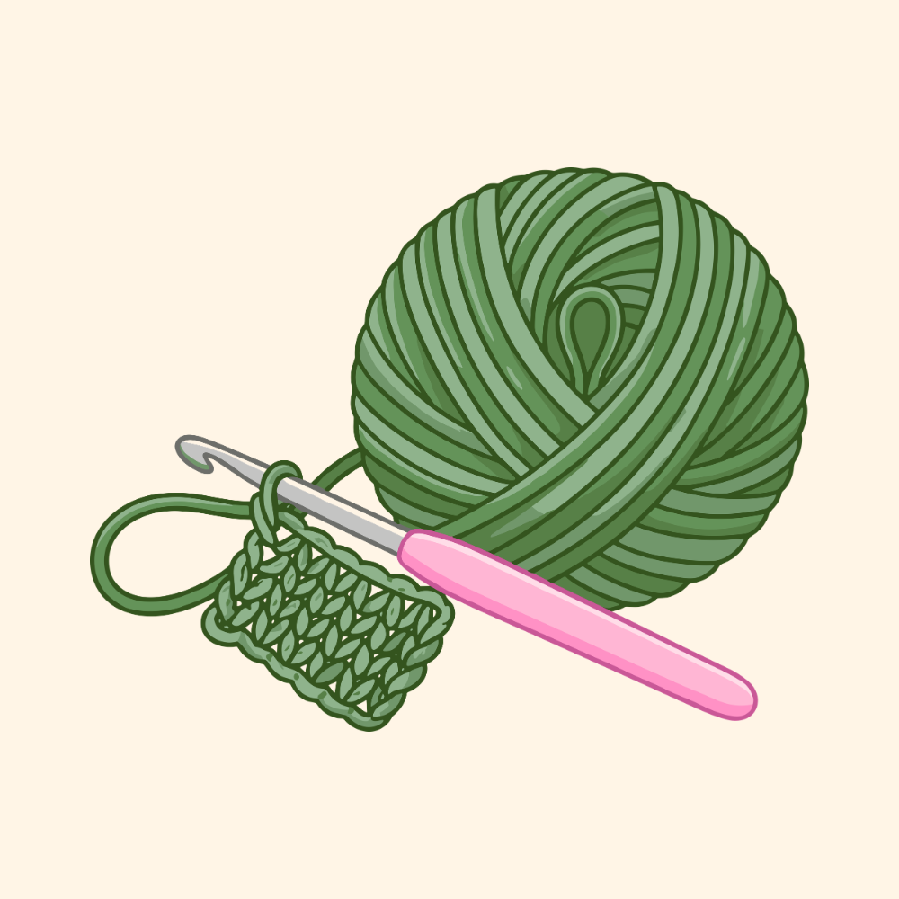 An illustration of a green ball of yarn and a pink crochet hook a few rows into a project.