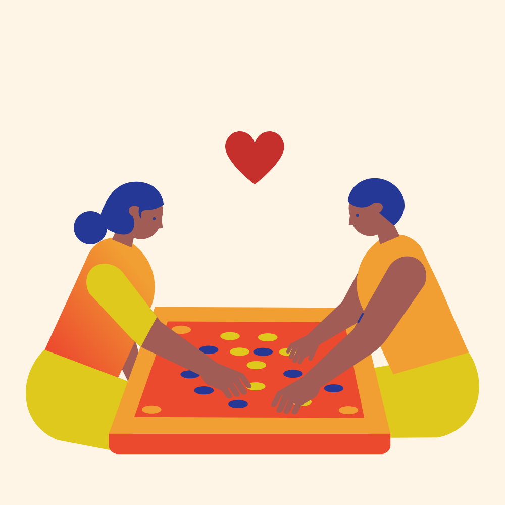 Two female figures sit facing each other with a large board game between them. A cute little red heart floats between them.