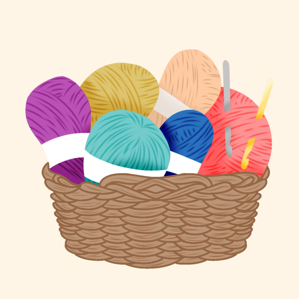 Many colorful balls of yarn sit in a woven basket. A couple crochet hooks are stuck into one ball of yarn.