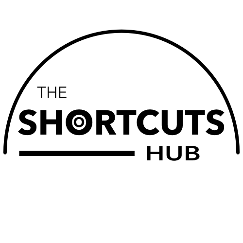 Logo for The Shortcuts Hub with a curved line, bold text, and a target symbol in the letter 'O'