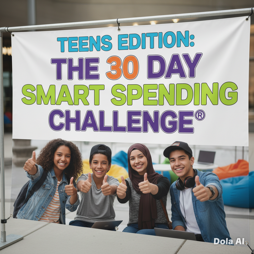 Four young people sitting at a table, smiling, giving thumbs up, in front of a banner that reads 'Teens Edition: The 30 Day Smart Spending Challenge'.