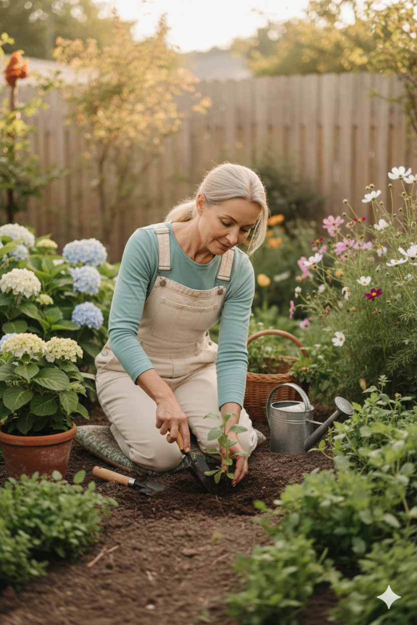 A woman with long gray hair planting a small shrub in a garden during sunset, surrounded by flowering plants, a watering can, and gardening tools.