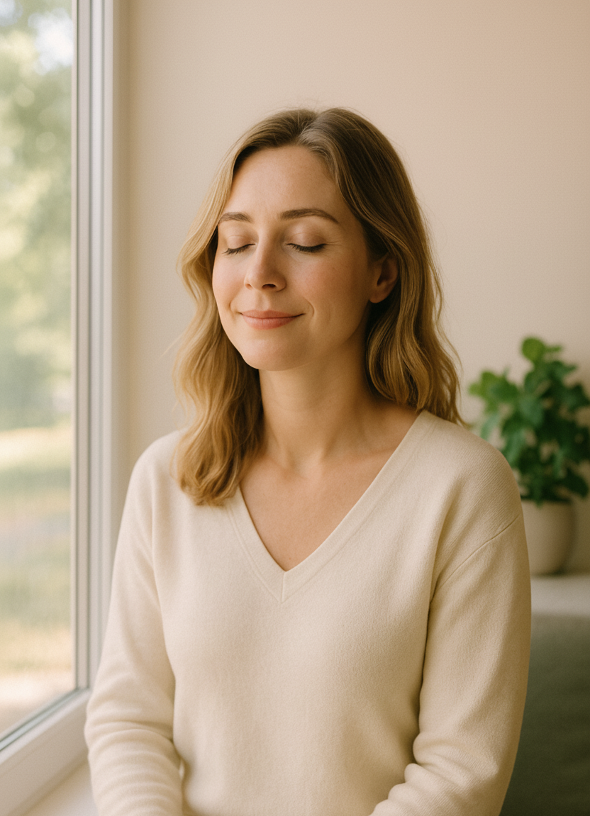 A woman with shoulder-length wavy brown hair, eyes closed, smiling gently, sitting indoors near a window with a blurred green outdoor scene in the background. She is wearing a cream-colored V-neck sweater and appears calm and content.