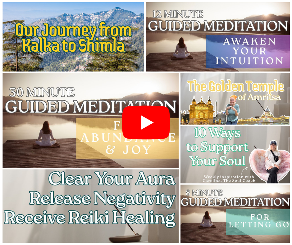 A collage of seven thumbnail images promoting guided meditation and spiritual content, with topics like journey from Kalkata to Shimla, awakening intuition, abundance and joy, Amritsar's golden temple, supporting your soul, releasing negativity, reiki healing, and letting go.