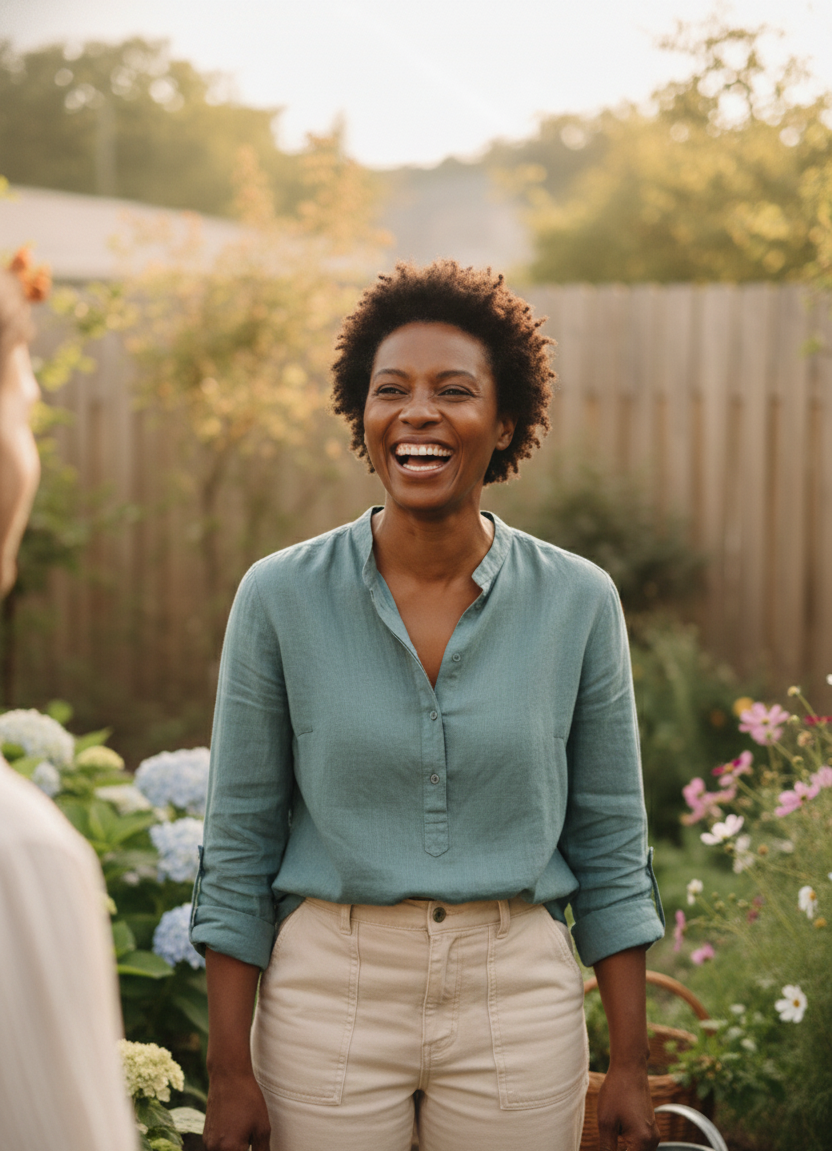 A woman with short curly hair, wearing a light blue button-up shirt and beige pants, smiling and talking outdoors in a garden with flowers and a wooden fence.