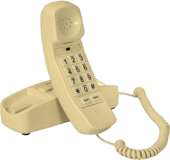 Off-white corded landline telephone with keypad resting on a dock