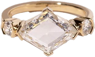 Gold ring with a large square-cut central diamond and two smaller diamonds on each side.