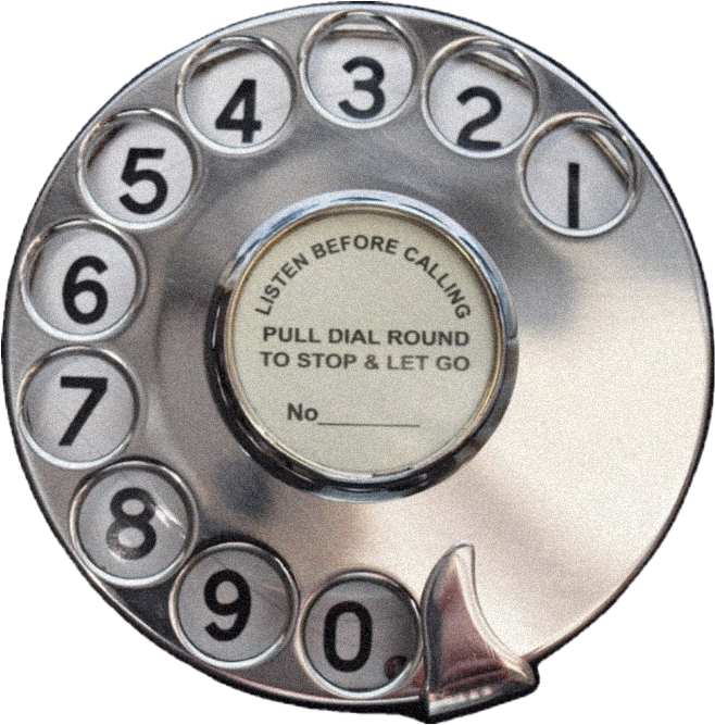Vintage rotary phone dial with numbers 1 to 0 and a central label with instructions for calling and stopping