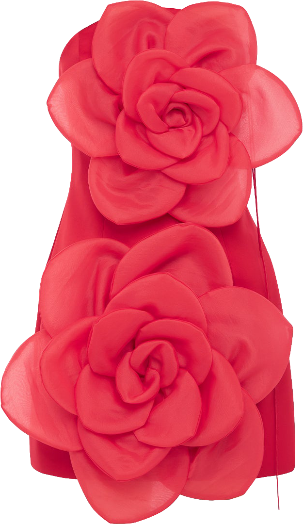 Red high-heeled shoe decorated with large, fabric roses.