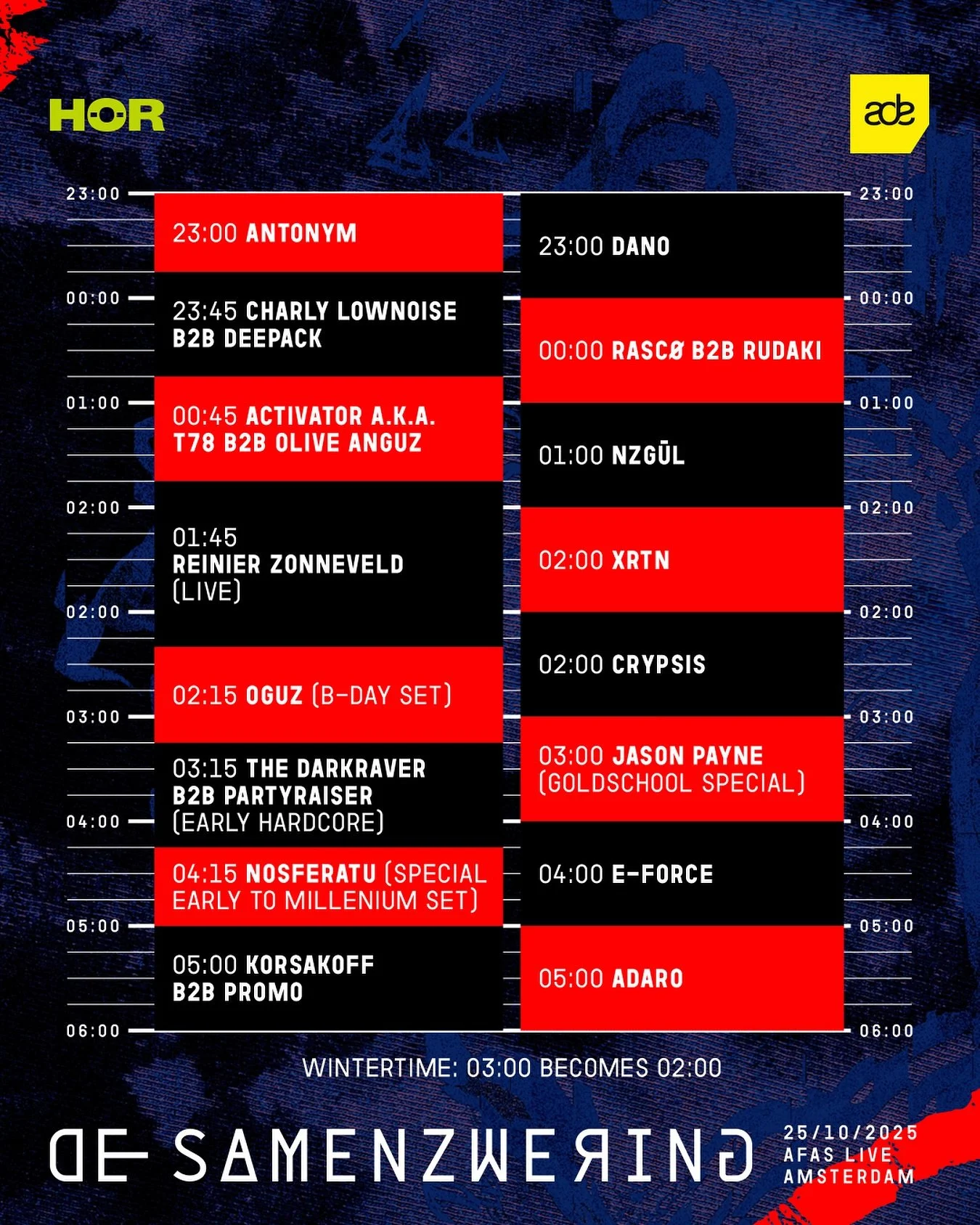 Running order + final info for De Samenzwering 🤝

This Saturday we gather at AFAS Live for a night of Hard Techno, Hardstyle and Hardcore. Read the final info below if you&rsquo;re joining us.

- Final tickets available via link in bio.
- Doors open