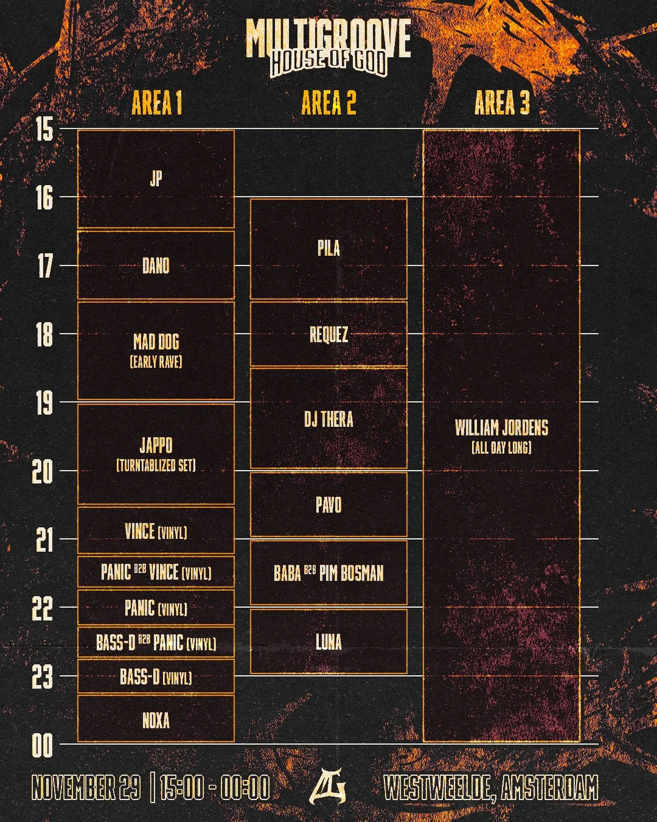 This is the running order for Multigroove: House of God 🏛️

In two weeks we return to WestWeelde for our only 100% oldschool concept. One night dedicated to the sounds that started everything.

House of God is completely sold out. Still want to be t