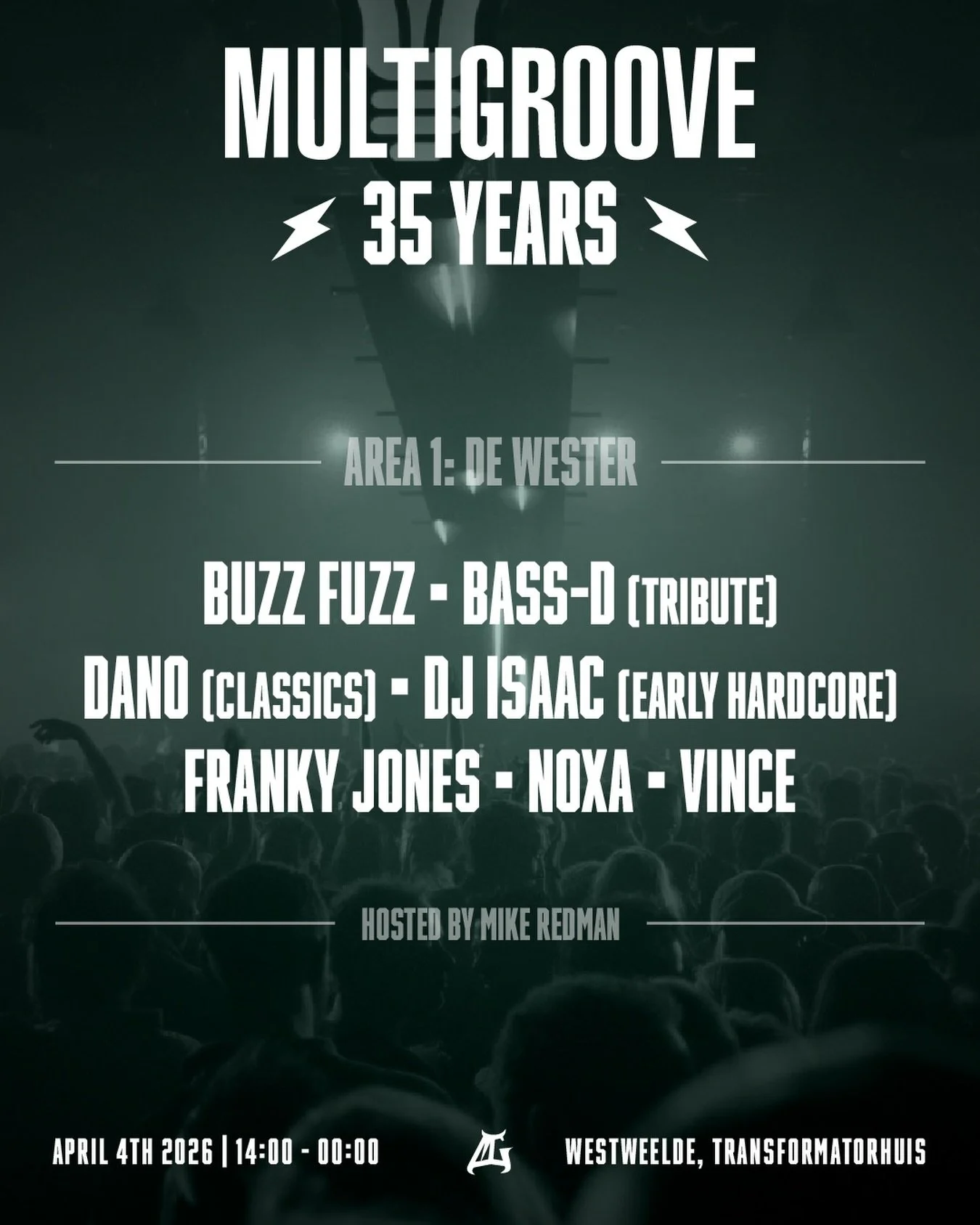 De Wester aka Het Transformatorhuis Lineup | Multigroove: 35 Years ⚡️

We&rsquo;re using this massive hall for the first time and it will bring us straight back to the classic Multigroove warehouse days. From the oldschool era of illegal raves to the