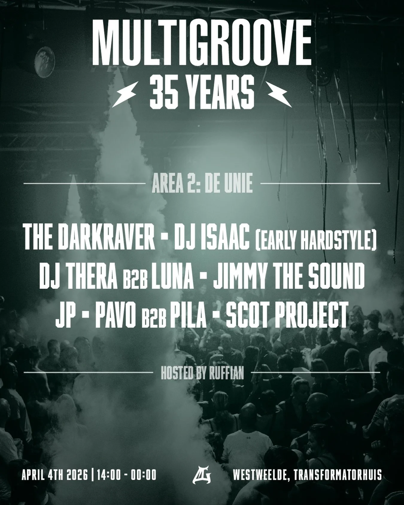 Area [2]: De Unie Lineup | Multigroove: 35 Years ⚡️

This room takes you straight back to the Hemkade and No Bullshit era. Two venues that shaped who we are. Building up from Hard House through Early Hardstyle and closing with Early Hardcore, De Unie