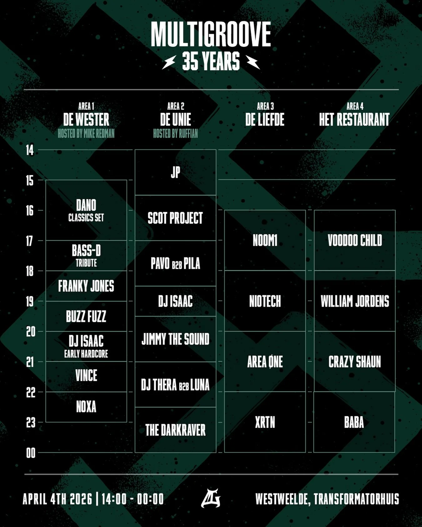 Running order - Multigroove: 35 Years 🐲

Four areas. Oldschool to gabber, early hardstyle to neo-rave. Our full musical spectrum under one roof. For the first time we&rsquo;re taking over De Wester, the massive warehouse formerly know as Het Transfo