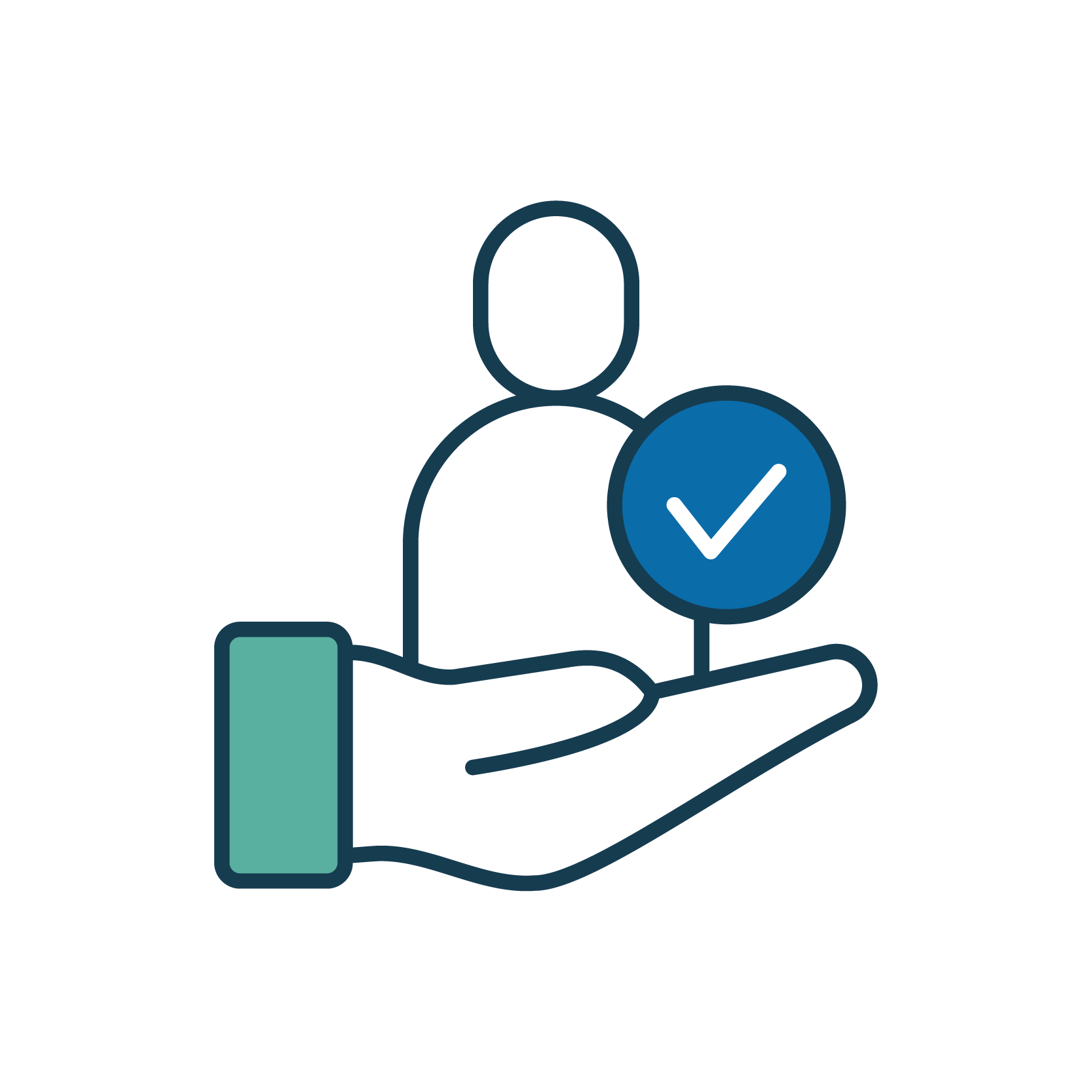 Outline illustration of a hand holding a person icon with a blue checkmark symbol, representing verified or trusted person