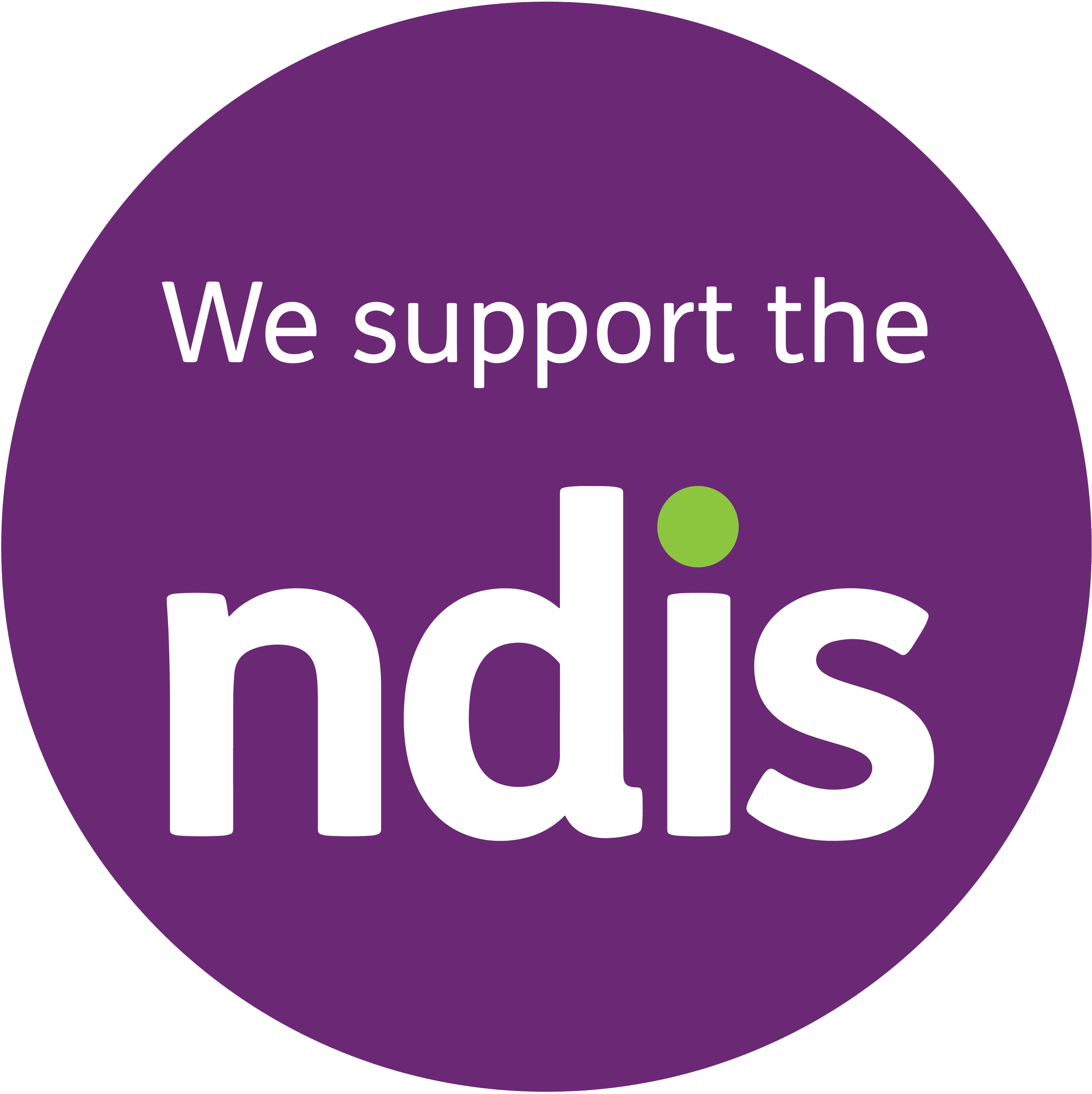 A purple circular badge with white and green text that reads, 'We support the ndis'.