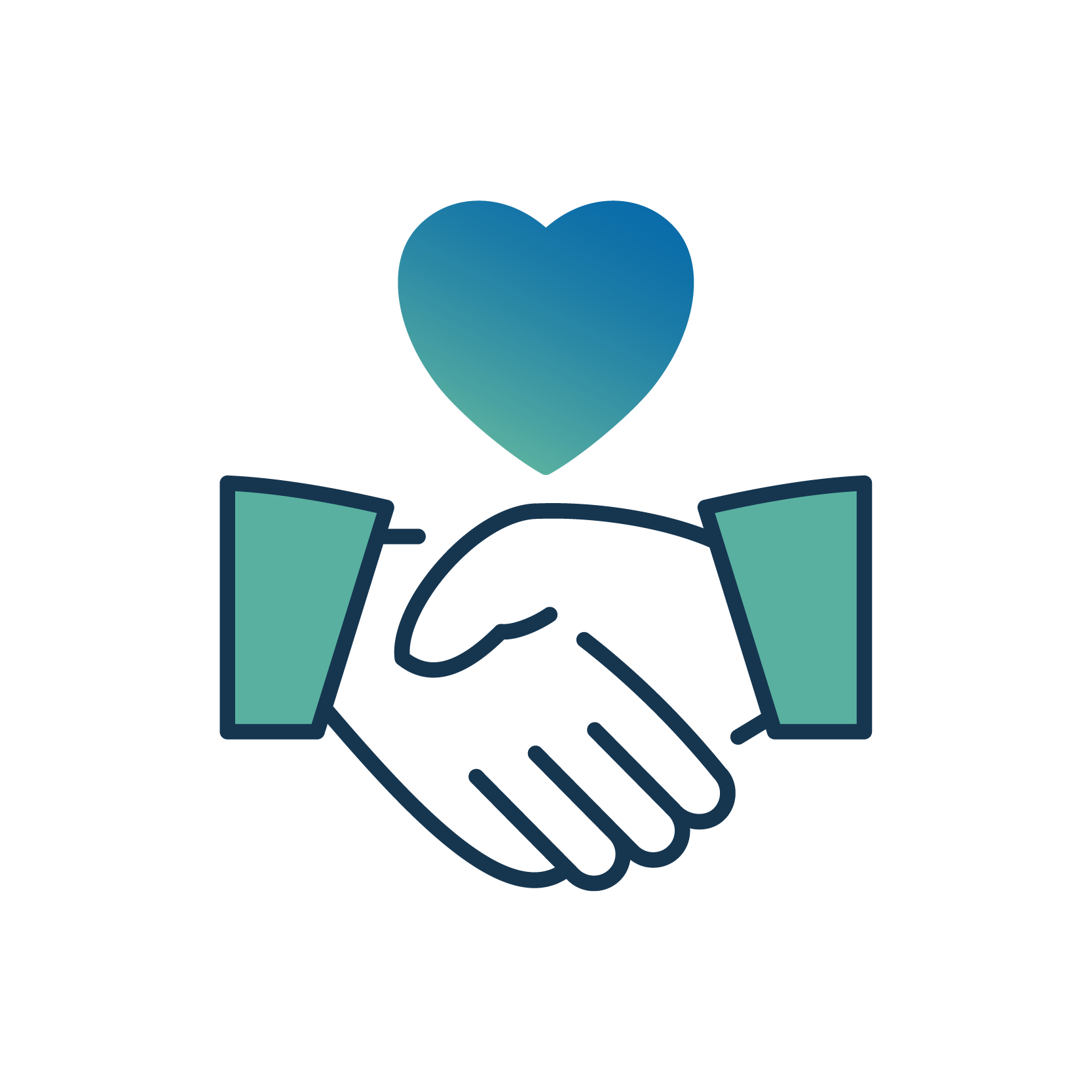 Icon of two hands shaking with a heart above them, symbolizing love and partnership.