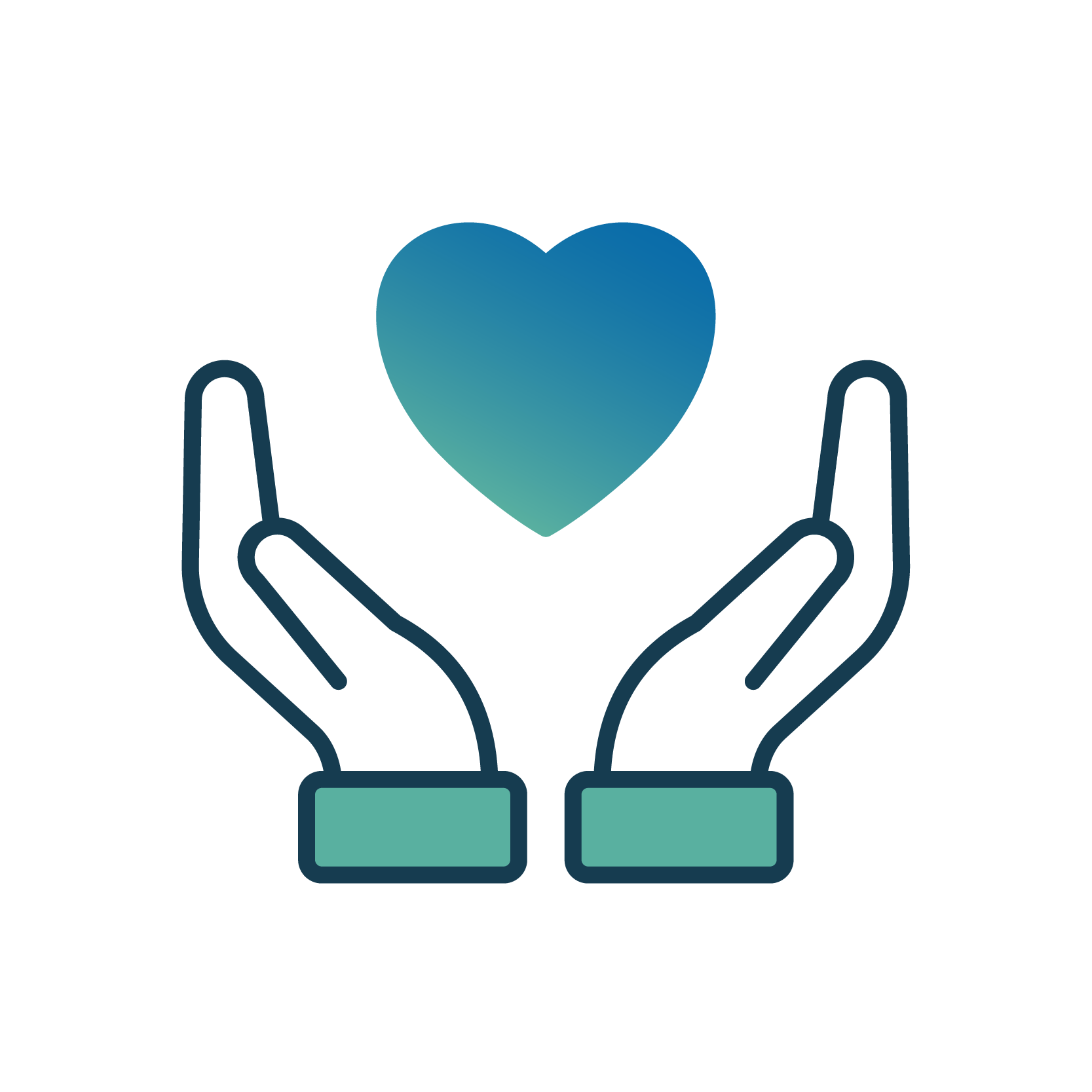 Outline illustration of two hands holding a blue-green heart.