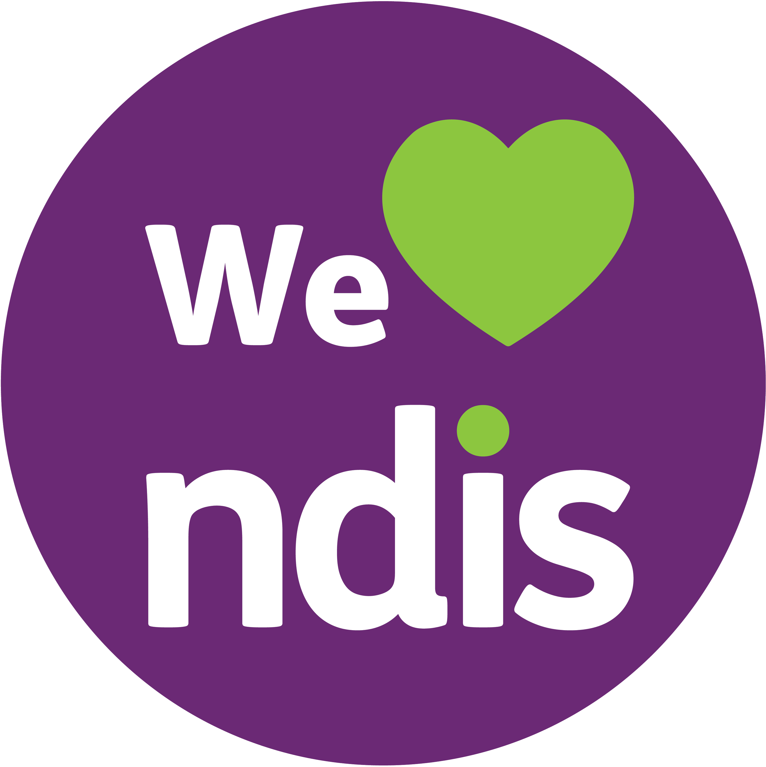 A purple circular logo with the words 'We' and 'n' in white, a green heart symbol, and the word 'dis' in white, with a green dot above the 'i'.