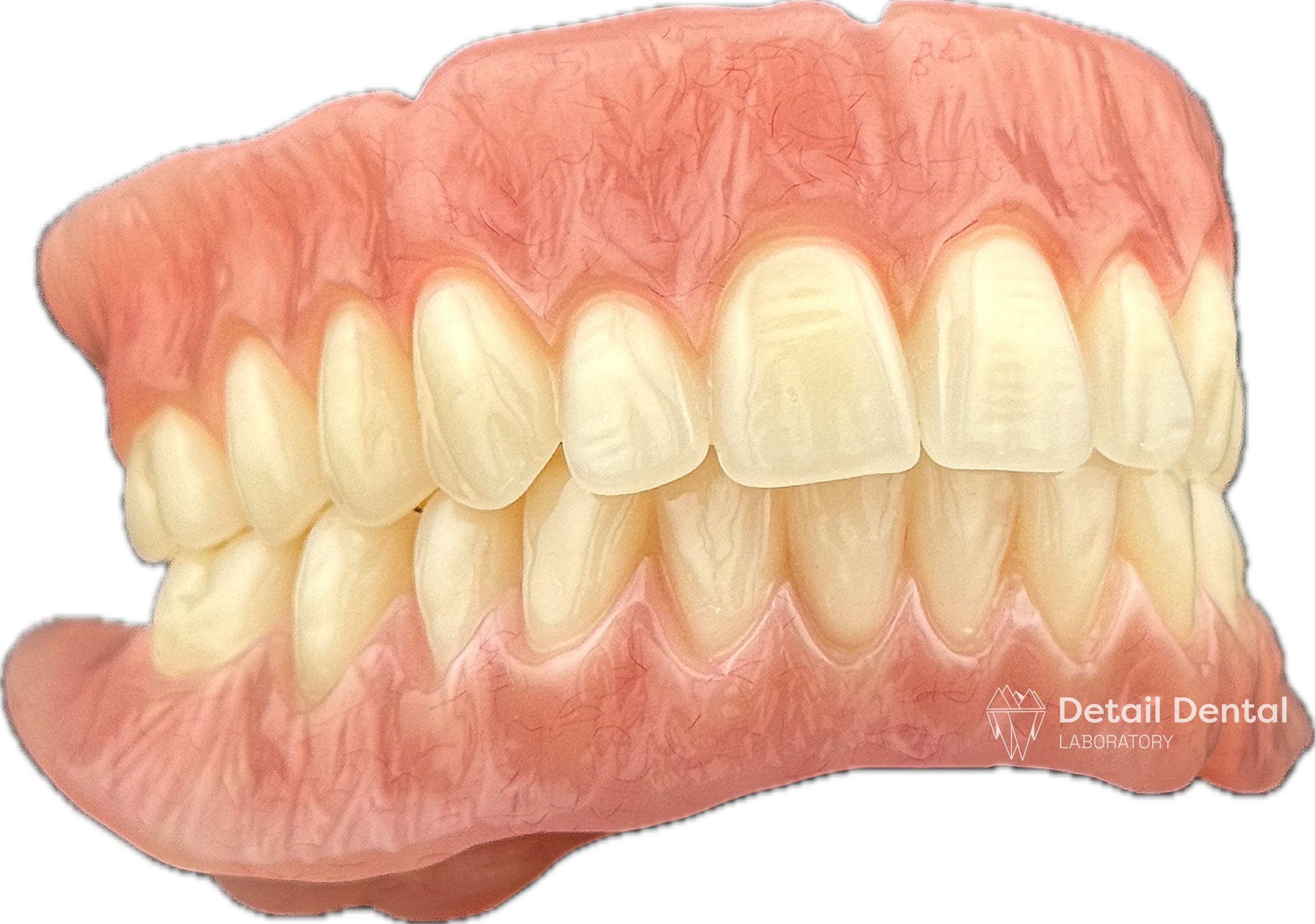 Close-up of a set of upper and lower teeth with pink gums, showing evenly aligned white teeth, against a black background, with 'Detail Dental Laboratory' logo in the bottom right corner.