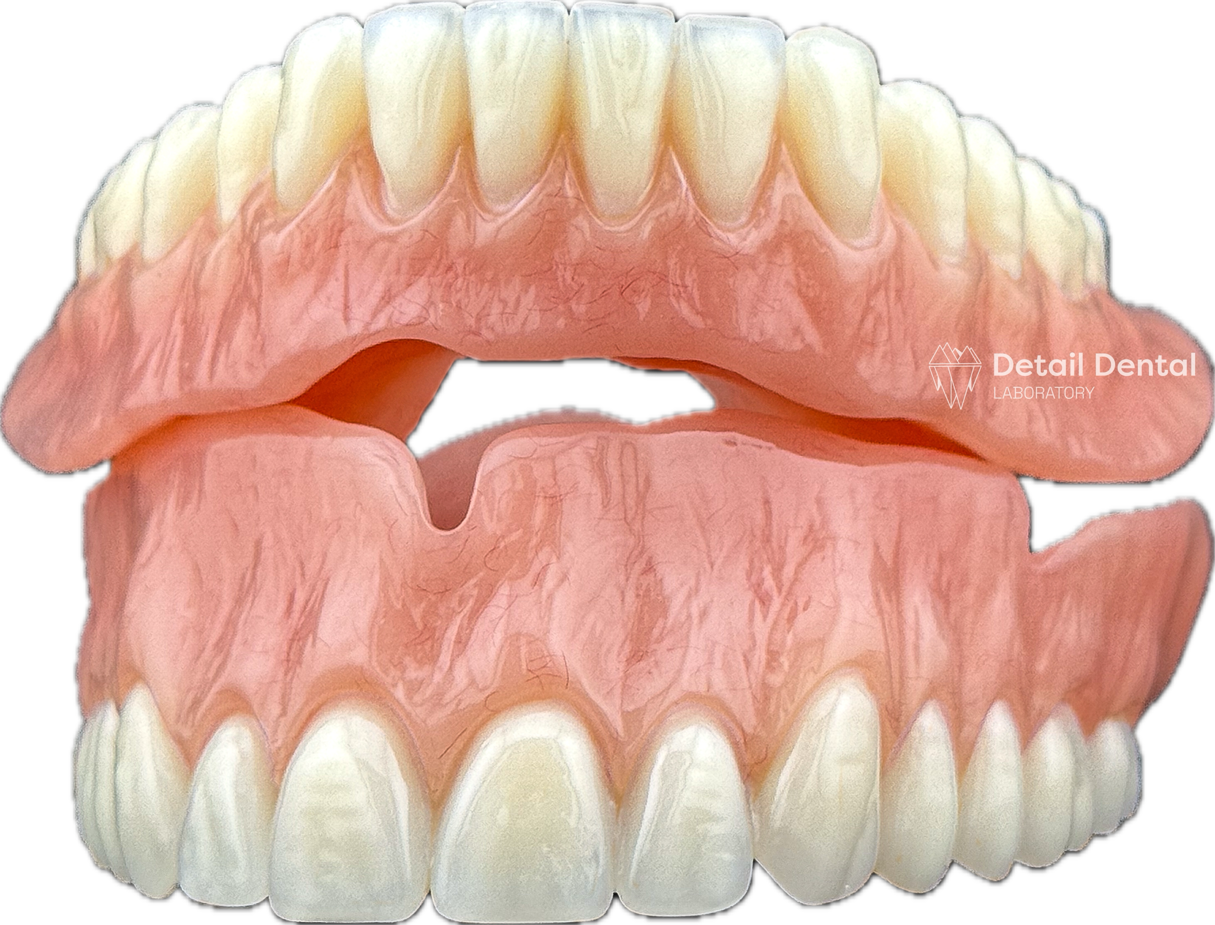 A set of artificial dentures showing upper and lower teeth with pink gum base, set against a black background.