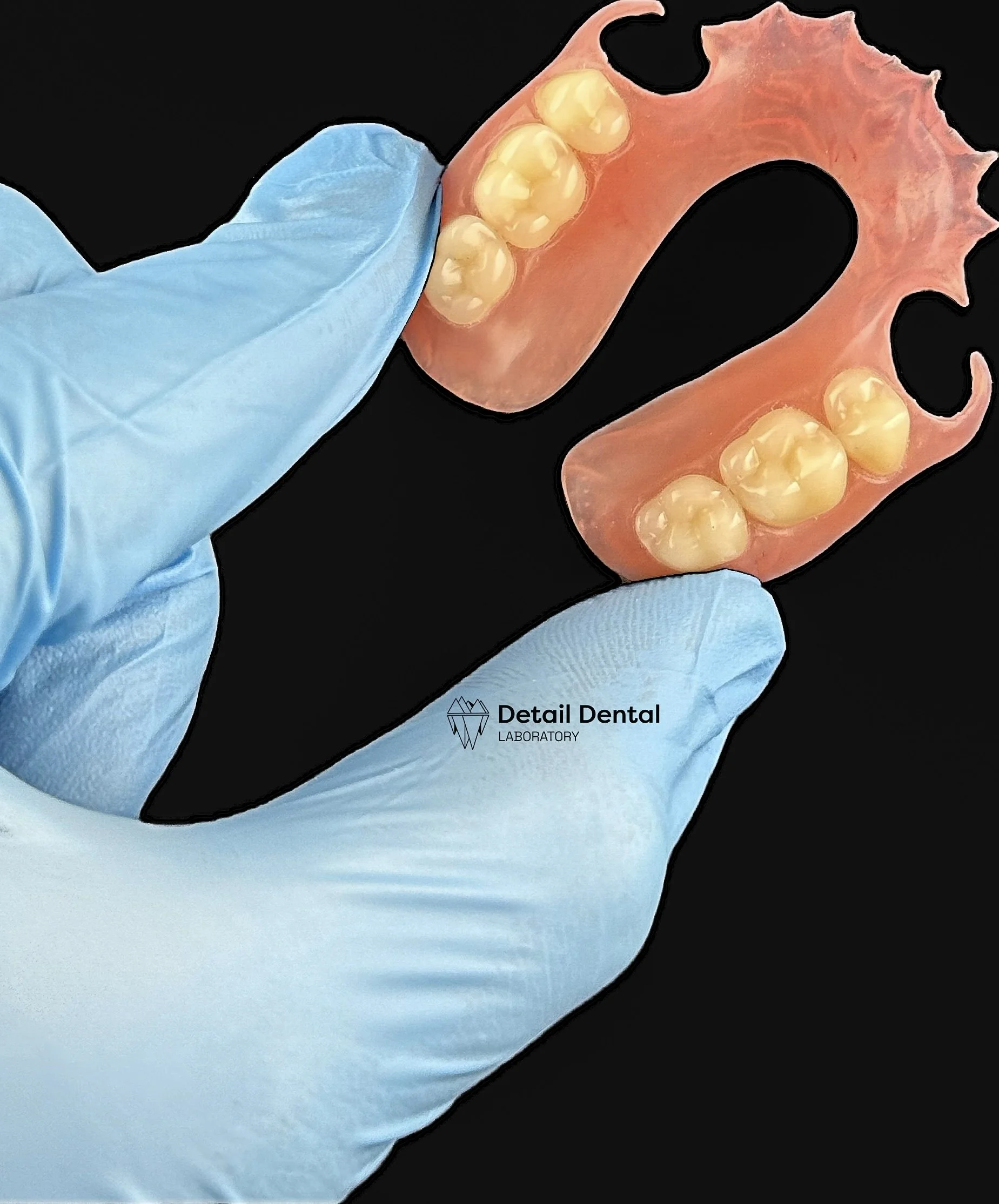 A dental prosthetic for the upper teeth held by a gloved hand, with the logo of 'Detail Dental Laboratory' visible.