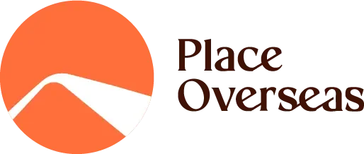 Logo with an orange circle and white wave design next to the text 'Place Oversee'. Place Overseas Logo.