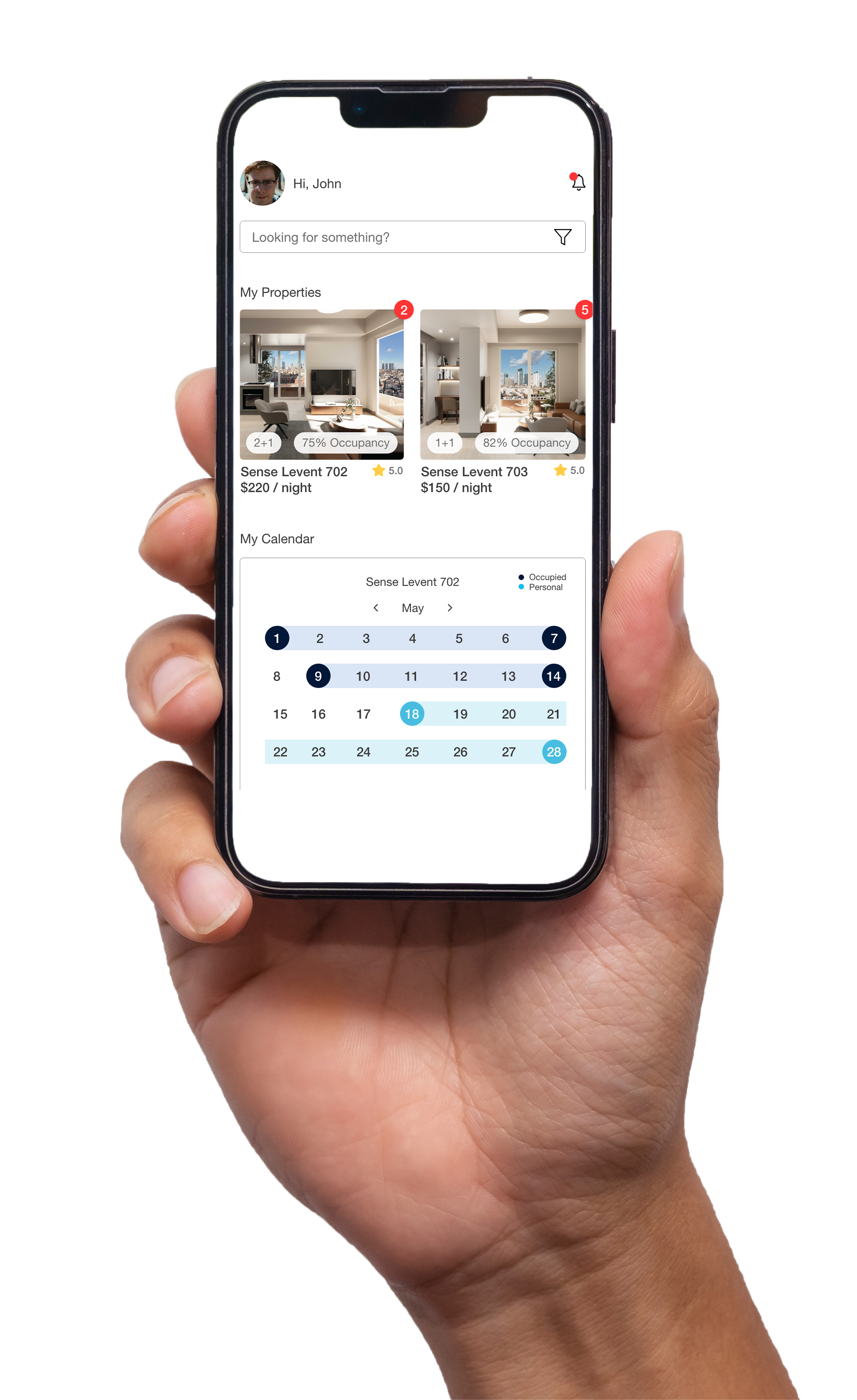 A hand holding a smartphone displays a property management app with property images, occupancy statistics, and a calendar for scheduling.