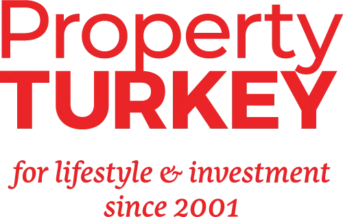 Text reading 'Property TURKEY for lifestyle & investment since 2001' in red and black font on a white background. Property turkey logo.