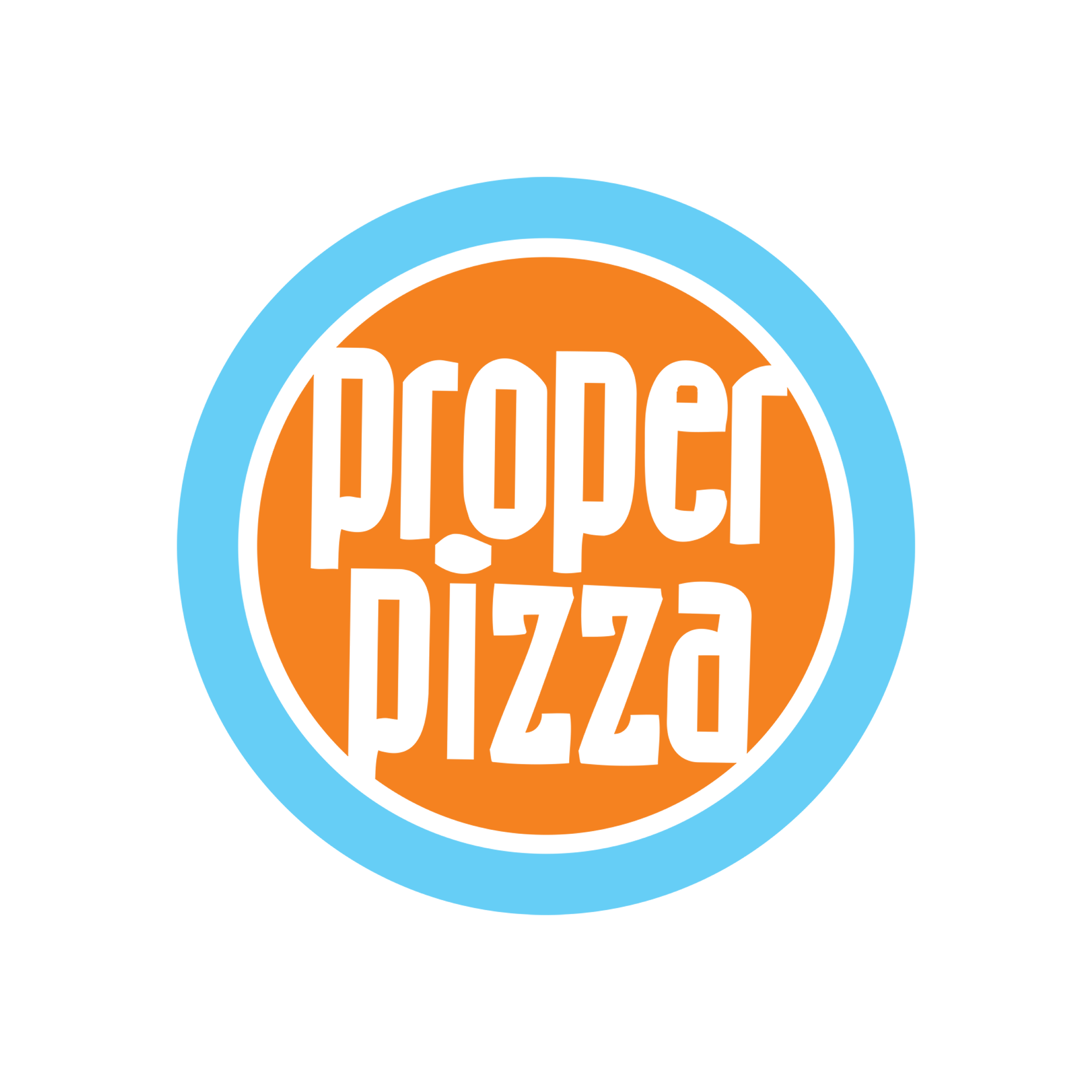 Logo for Poper Pizza featuring a circular design with an orange center and black text, outlined by a light blue border.