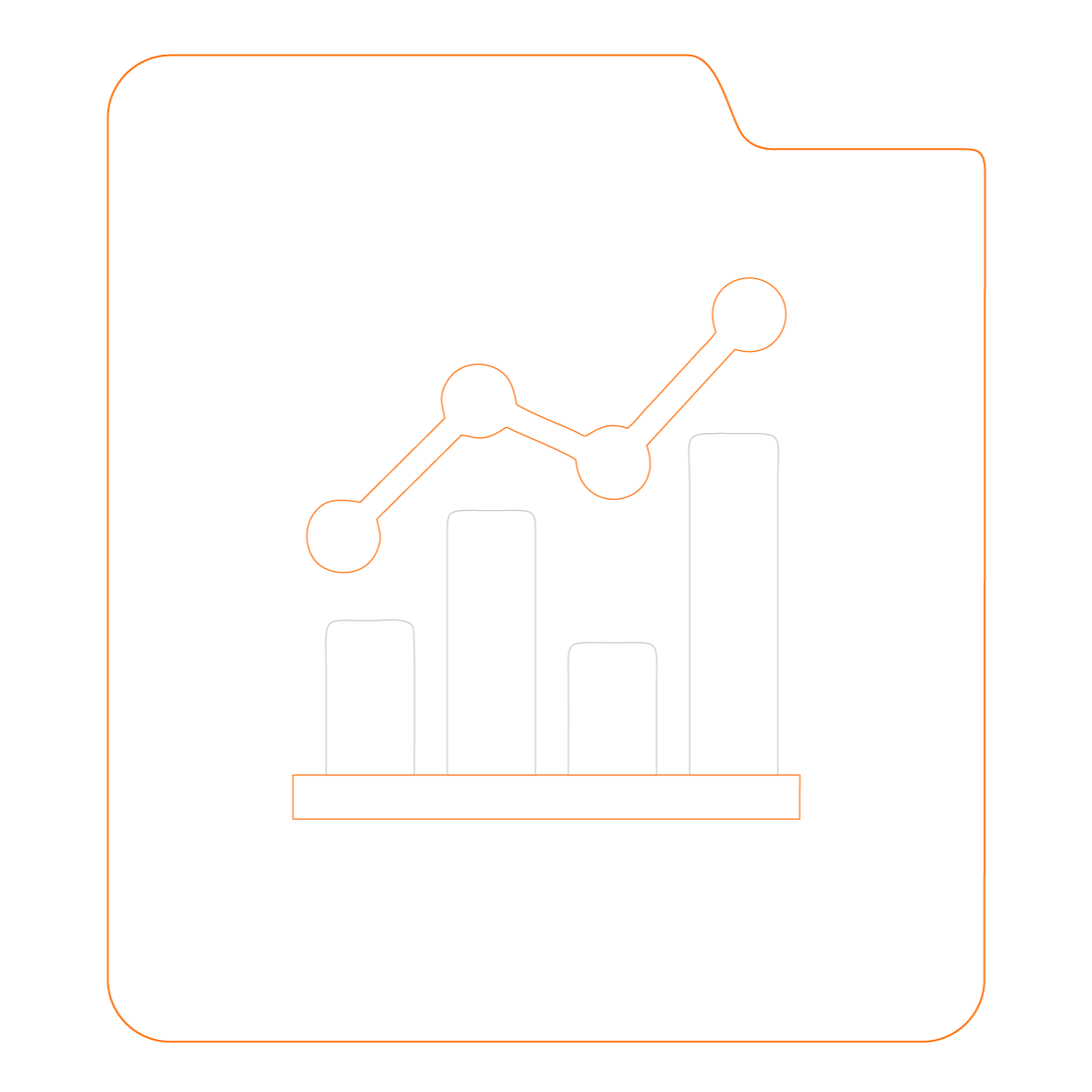 Neon outline of a bar chart with three bars and a line chart overlay, on a black background.