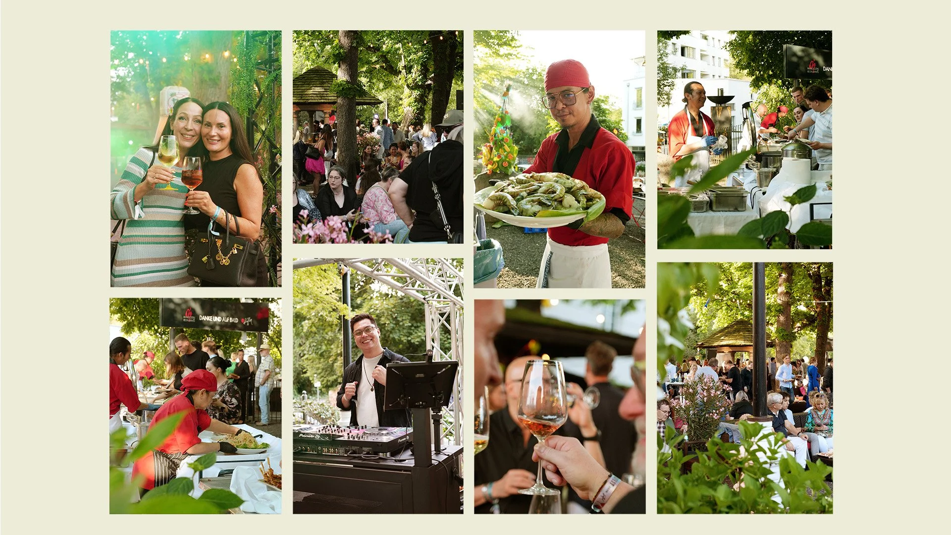 Bilder vom Mangostin Sommerfest. Wir sehen Menschen, die mit ihren Gläsern anstoßen, Köche am Buffet, den DJ und Gäste im Mangostin Garten.