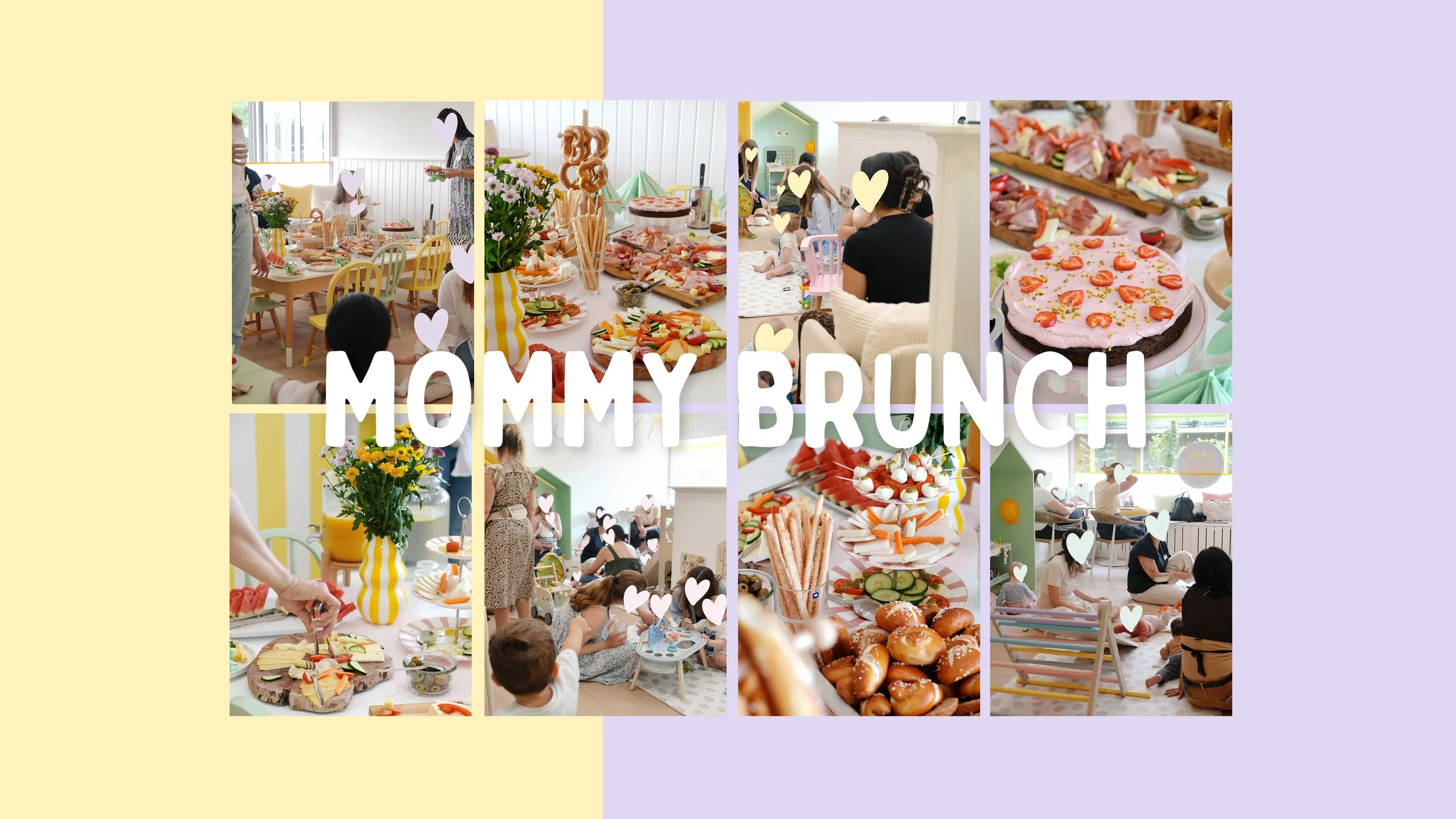 Eine Collage aus Bildern vom kidsTOWN Mommy Brunch. Man sieht verschiedene Bilder vom Brunchbuffet, sowie von Müttern mit Kindern, die sich unterhalten und gemeinsam spielen.