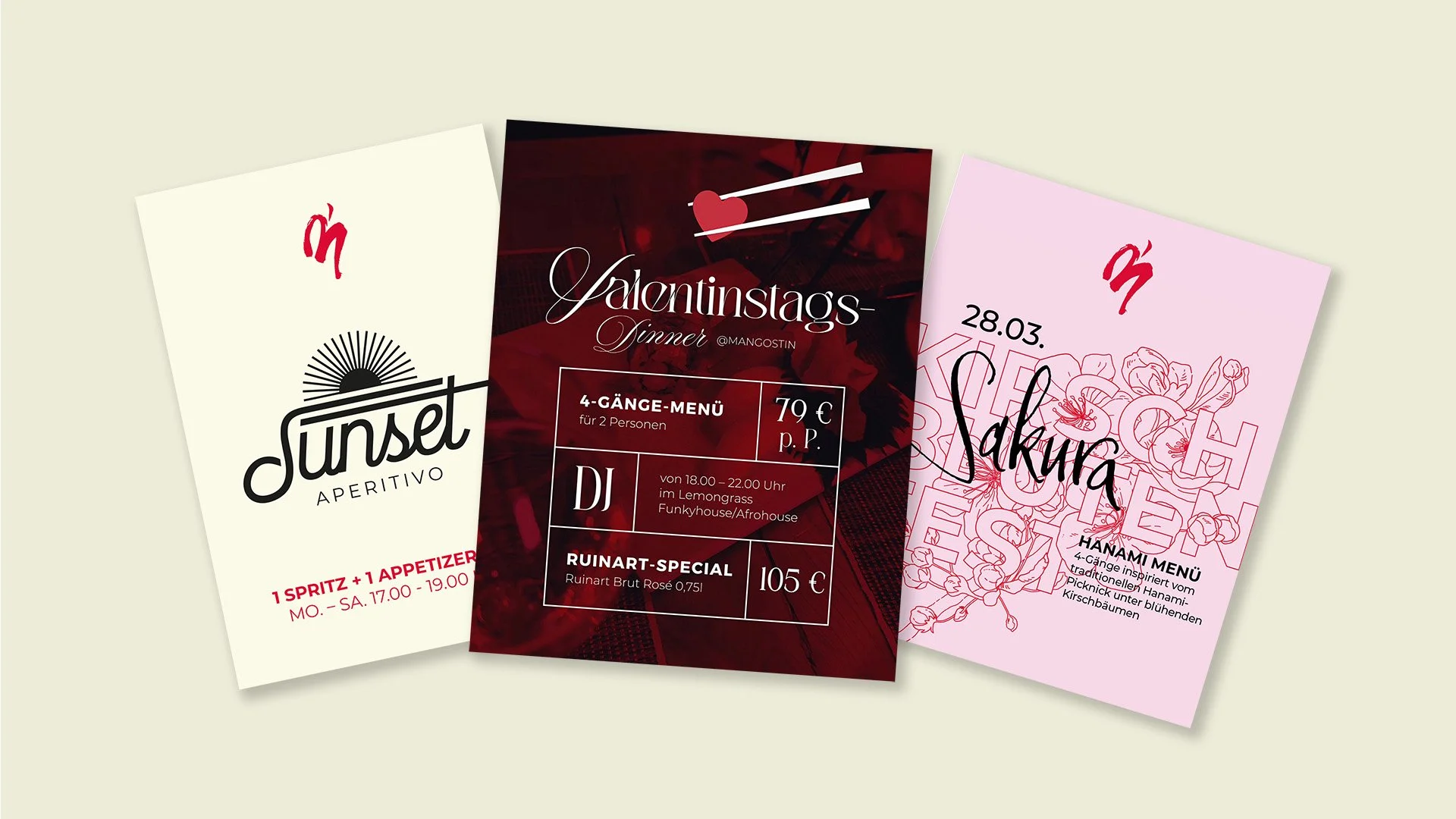 Eventposter für die Veranstaltungen Sakura, Valentinstag und das Sunset Aperitivo Special im Mangostin.