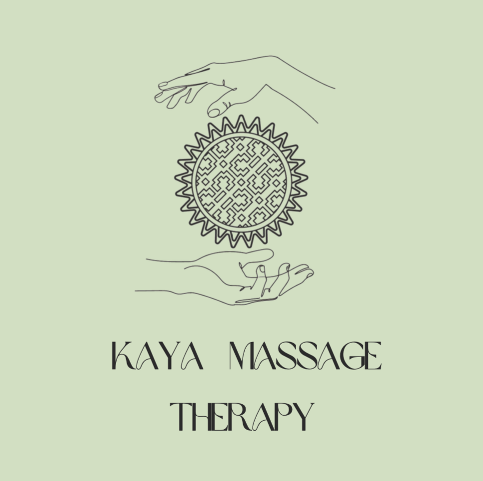 Line drawing of two hands surrounding a circular design with intricate patterns, with the text 'Kaya Massage Therapy' below. Light green background.