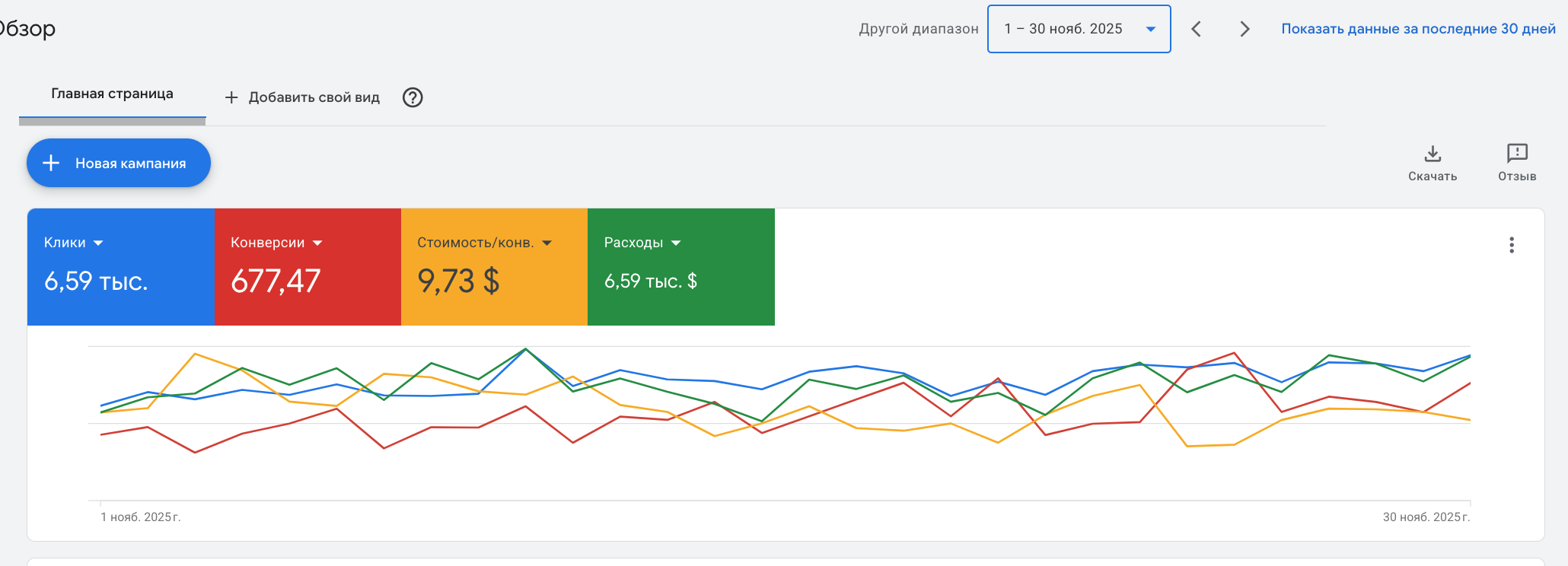 Google Ads dashboard showing key metrics for November 1-30, 2025: 6,590 clicks, 677.47 conversions, $9.73 cost per conversion, and $6.59 thousand expenses; a line graph displays performance trends over the month.
