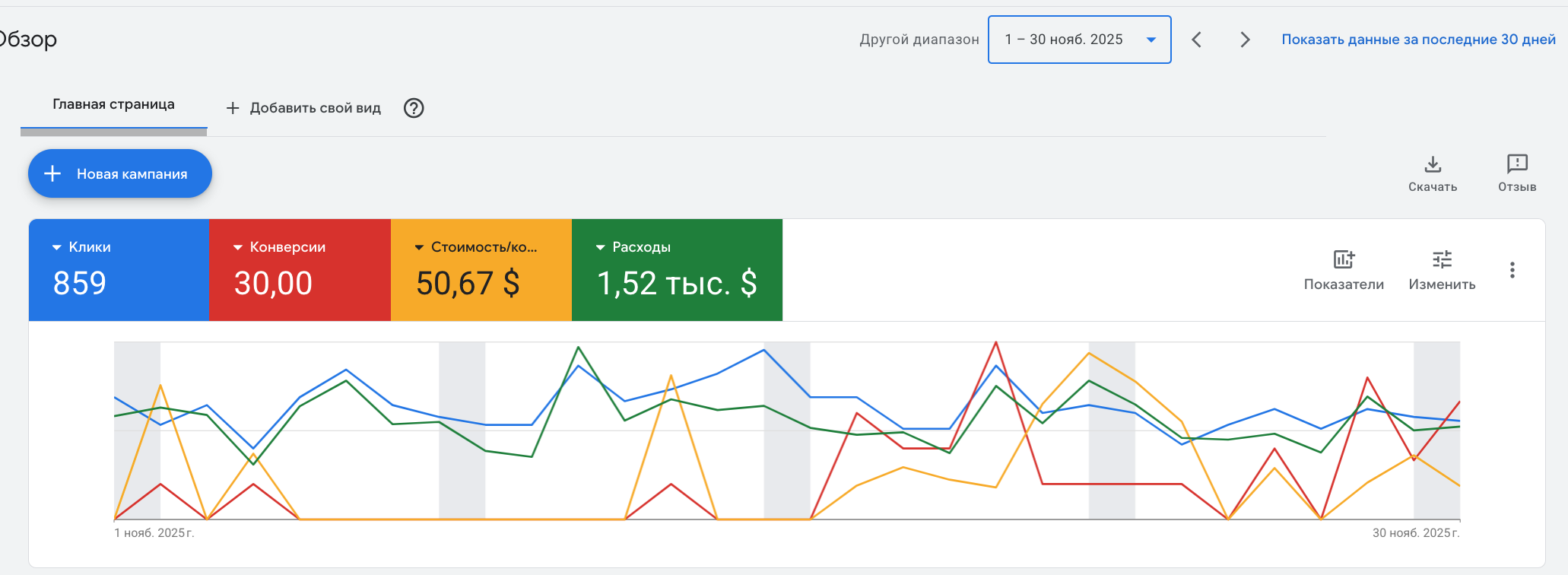 Screenshot of a Google Ads campaign dashboard showing metrics such as clicks, conversions, cost, and expenses over the period of November 1 to November 30, 2025. The dashboard displays a line graph with multiple colored lines representing performance
