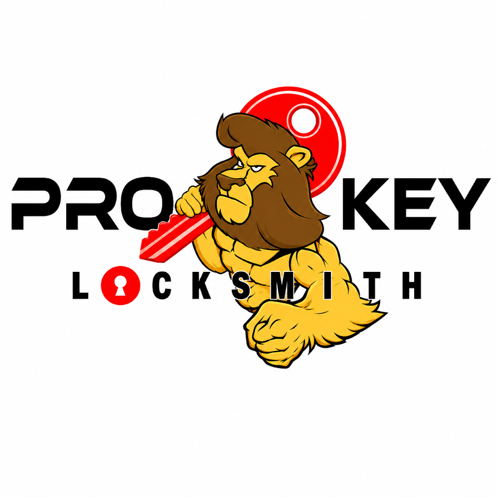Logo of a locksmith business featuring a lion with a mane holding a large red key, with the text 'Pro Key Locksmith'.