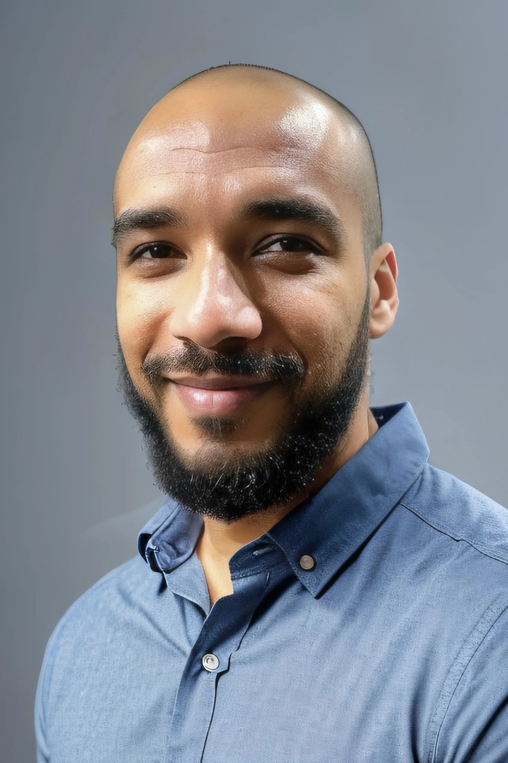 Close-up of a smiling man with a light beard, wearing a blue collared shirt, against a plain gray background.